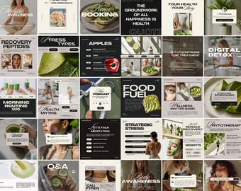 May include: A grid of square images with text and photos related to wellness. Topics include holistic wellness, new booking, recovery peptides, stress types, apples, morning routine, health myths, podcast, food fuel, strategic stress, and body awareness.