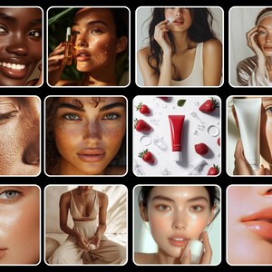 May include: A collage of images showcasing different skincare products and routines. The images feature various people with different skin tones and textures, applying products like serums, moisturizers, and face masks. The collage highlights the importance of a personalized skincare routine for healthy and radiant skin.