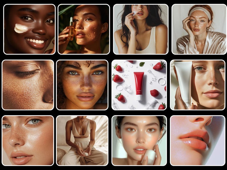 May include: A collage of images showcasing different skincare products and routines. The images feature various people with different skin tones and textures, applying products like serums, moisturizers, and face masks. The collage highlights the importance of a personalized skincare routine for healthy and radiant skin.