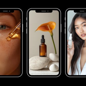 May include: Three phone screens showing different images related to beauty products. The first screen shows a close-up of a person's eye with a dropper of serum being applied. The second screen shows a bottle of serum on a white stone with a flower behind it. The third screen shows a person holding a bottle of serum.