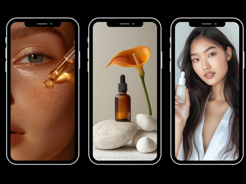 May include: Three phone screens showing different images related to beauty products. The first screen shows a close-up of a person's eye with a dropper of serum being applied. The second screen shows a bottle of serum on a white stone with a flower behind it. The third screen shows a person holding a bottle of serum.