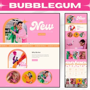 May include: A website homepage for a clothing brand called "BUBBLEGUM". The website features a pink and white color scheme with a retro aesthetic. The homepage includes a "New" section with a pink and white graphic, a "Who We Are" section with a pink and white graphic, and a "Customer Testimonials" section with a pink and white graphic.
