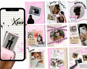 May include: A hand holding a smartphone with a grid background and the word "Xoxo". The image features a pink Instax Mini 11 camera and several photo collages with text like "Love", "Weekly Snapshot", and "What's Hot".