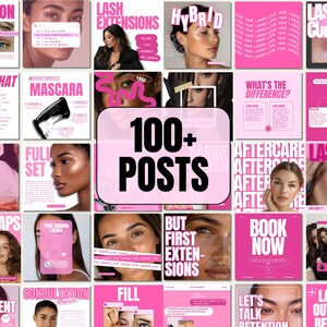 May include: A collage of pink and black images promoting lash extensions services. The images feature different types of lashes, including hybrid, classic, and volume. The text includes phrases like "Lash Extensions", "Hybrid", "Lash Curls", "Full Set", "Lash Maps", "The Investment", "Consultation", "Fill", "But First Extensions", "Book Now", "Let's Talk Retention", "+ Lashing Out in the Best Way", "What's the Difference?", "Aftercare", "Lash Lift", "Retention", "This or That", "Mascara".