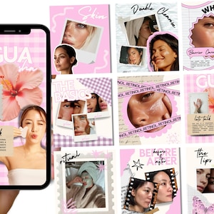 May include: A smartphone displays a collage of beauty and skincare-themed images. The images feature text like "Skin," "Double Cleanse," and "Gua Sha," along with photos of faces and beauty products. The overall aesthetic is soft, with pink and white tones.