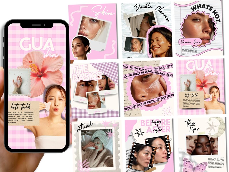 May include: A smartphone displays a collage of beauty and skincare-themed images. The images feature text like "Skin," "Double Cleanse," and "Gua Sha," along with photos of faces and beauty products. The overall aesthetic is soft, with pink and white tones.