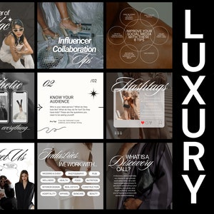 May include: A black and white graphic design with the text "The Power of Uge" and "Aesthetic is everything..."  A black and white graphic design with the text "02 Know Your Audience" and "Influencer Collaboration Tips". A black and white graphic design with the text "Hashtags" and "What is a Discovery Call?" A black and white graphic design with the text "Industries We Work With..." and "Meet Us". A black and white graphic design with the text "Improve Your Social Media With These 6 Tips". A black and white graphic design with the text "LUXURY POSTS".