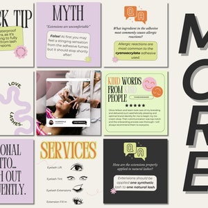 May include: A collage of colourful images promoting lash extension services. The images include text about lash extensions, a myth about lash extensions being uncomfortable, and a question and answer about the adhesive used for lash extensions. The images also include a testimonial from a satisfied customer and a close-up of a person having lash extensions applied.