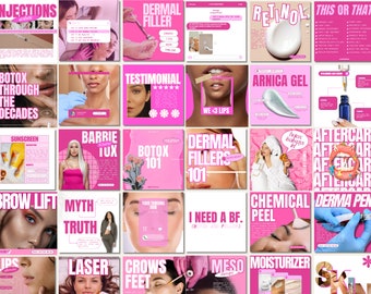 May include: A collage of pink and white squares with text and images related to beauty and skincare treatments. The text includes "Botox", "Dermal Fillers", "Injections", "Retinol", "Sunscreen", "Chemical Peel", "Aftercare", "Myth Truth", "Brow Lift", "Laser", "Crows Feet", "Meso", "Moisturizer", "This or That", "I Need a BF", "We <3 Lips", "Testimonial", "Arnica Gel", "Barrie Tux", "Botox 101", "Dermal Fillers 101", and "Derma Pen". The images include close-ups of faces, hands, and products.