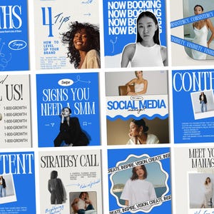 Op de afbeelding: Een verzameling blauwe en witte social media graphics met tekst als "Myths", "4 Tips" en "Content". De graphics bevatten afbeeldingen van mensen en zinnen als "Now Booking" en "Girl Call Us!"