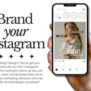 May include: A smartphone displaying an Instagram post with a woman and text that reads "Mindset Benefits." The phone is held in a hand, with the words "Brand your instagram" in the background.