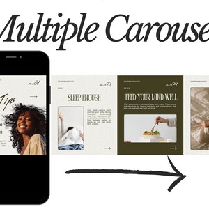 May include: A smartphone displays a carousel of four tips for leveling up your life. The first screen features a woman smiling. Other screens advise on sleep, feeding your mind well, and refreshing your environment.