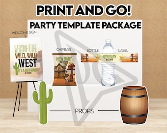 Western Party Templates: Cowboy Theme, Chip Bags, Water Bottle (PDF)