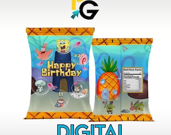 DIGITAL | SpongeBob Inspired Chip Bag Template | Printable Party Favor Chip Bag | Kids BirthdaySnack Bag | Instant Download Digital File