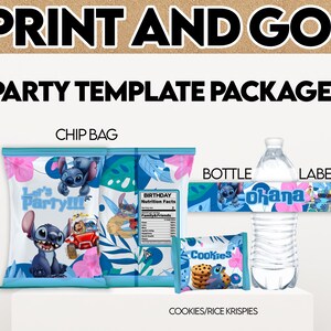 May include: Party template package featuring chip bags, a bottle label, and a cookie bag. The design includes the text "PRINT AND GO!" and "PARTY TEMPLATE PACKAGE". The chip bags and cookie bag have a blue and pink floral design with cartoon characters.