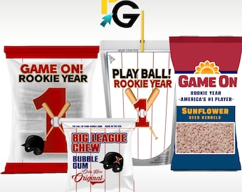 Baseball Rookie 1st Birthday Party Favors, Chip Bag, Juice Pouch, Gum, Seeds (PDF)
