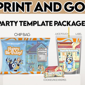 Blue Dog Bluey themed Party favors, chip bags, bottle label, treat labels
