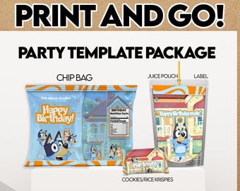 Blue Dog Bluey themed Party favors, chip bags, bottle label, treat labels