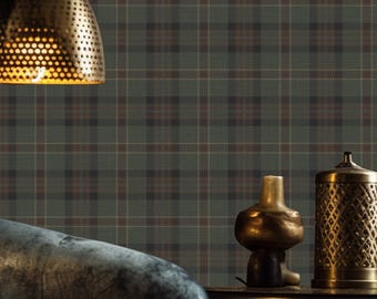 Dark Green Tartan Plaid Wallpaper – Rustic Cabin Style, Scottish Check Pattern (Removable)