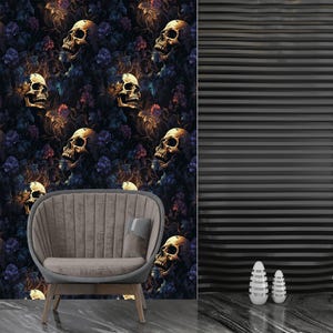 Skull dark floral peel and stick wallpaper, skull wallpaper, hallowen wallpaper, gothic wall mural, removable wallpaper