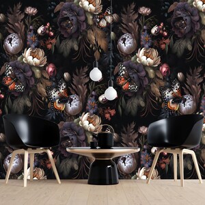 Dark Peony Floral with Butterfly Wallpaper | Flower Wall Mural Peel and Stick Wall Art Wall Decor