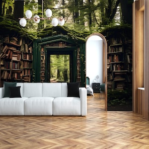 Un tunnel di carta da parati staccabile e attaccabile della biblioteca fantasy, carta da parati rimovibile, carta da parati lavabile, murale della foresta, carta da parati della foresta oscura