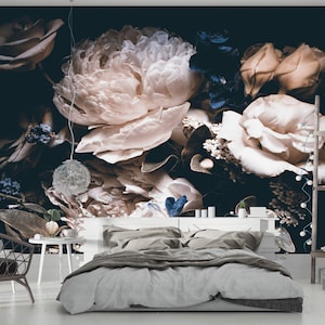 Dark large peony peel and stick wallpaper , floral wallpaper, peony wall mural, Removable, dark floral wallpaper