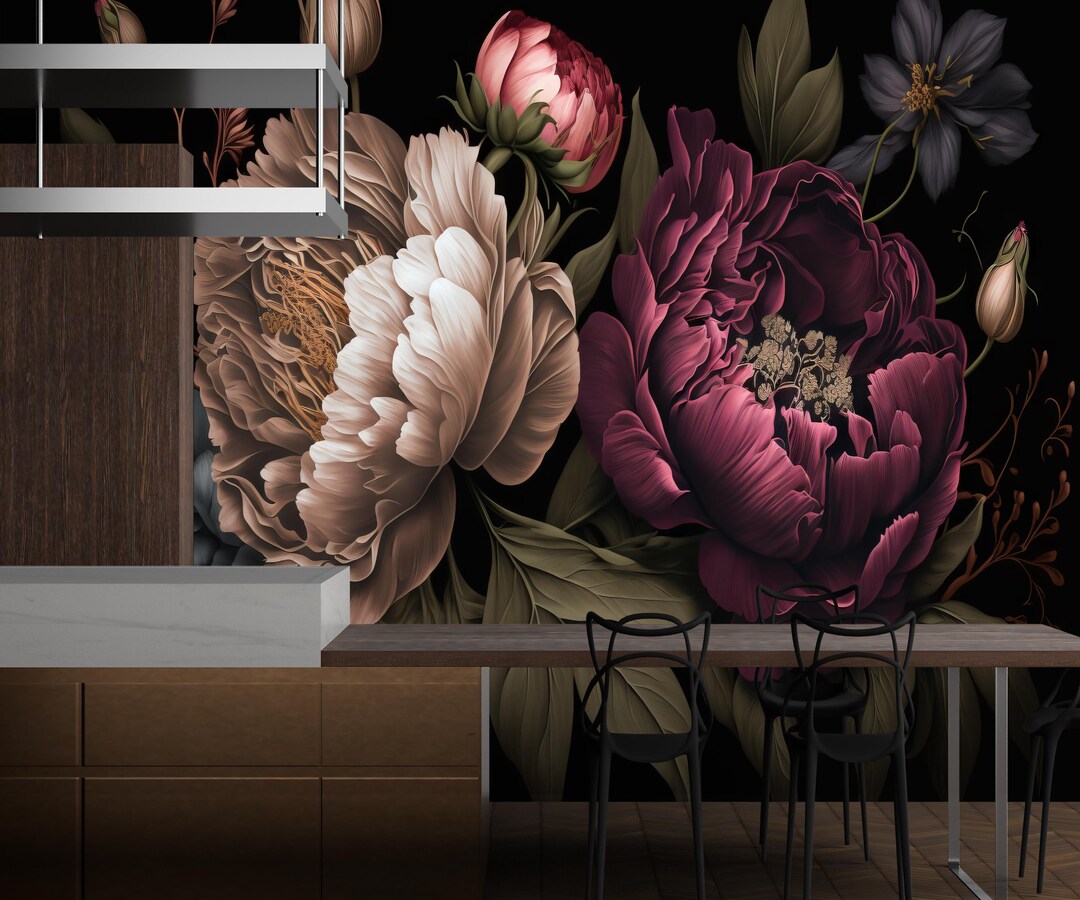 Dark Floral Peony Peel and Stick Wallpaper: Moody Wall Mural - Etsy