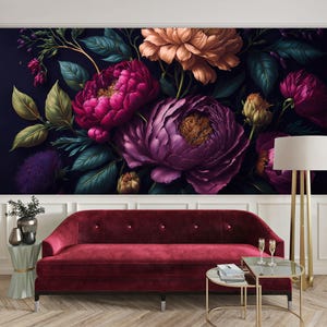 Magenta Peonies Peel and Stick Wallpaper: Dark Floral Wall Mural