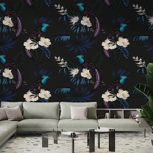 Dunkler Dschungel Exotic Peel And Stick Wallpaper, Abnehmbare Tapete, Dunkle Botanische Tapete, Tropisches Wandbild, Exotische Tapete