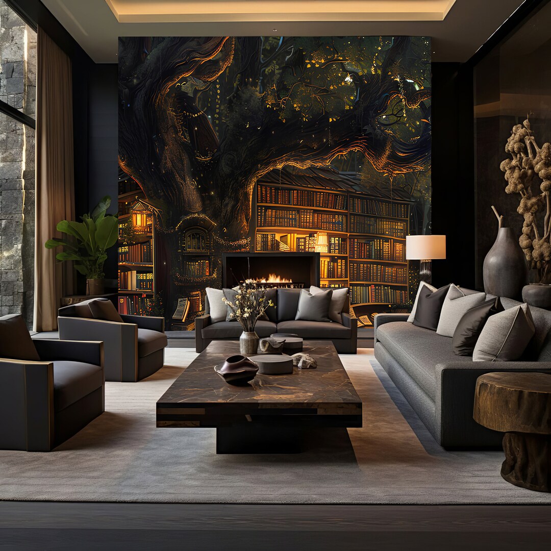Beautiful Magical Library in the Forest, Removable Wallpaper, Washable ...