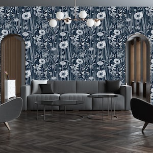 Dark Blue Botanical Peel and Stick Wallpaper: Removable Garden Wall Decor