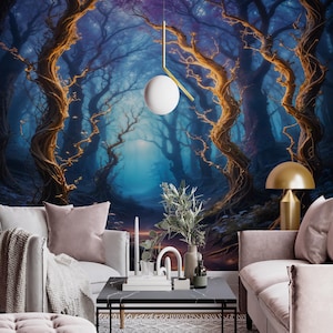 Fairytale Magical Forest at Night Peel and Stick wallpaper, Enchated Forest wallpaper, Removable Wallpaper, Magical Forest Wall Mural