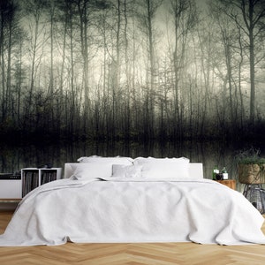 dark forest with fog in, removable wallpaper, washable, dark wallpaper,  forest wallpaper, wall mural, peel and stick