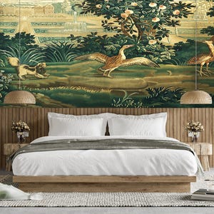 French Antique removable wallpaper, peel and stick, landscape wallpaper, dark green garden, scenic wall mural