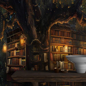 Biblioteca su un tronco d'albero nella foresta magica, carta da parati staccabile e attaccabile, murale da parete biblioteca, libreria staccabile e attaccabile, carta da parati rimovibile