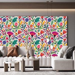 Colorful flowers and tropic leaves wallpaper, peel and stick wallpaper, floral wallpaper, removable wallpaper, self adhesive wallpaper