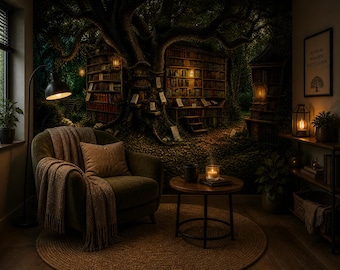 Carta da parati con albero incantato per biblioteca, murale con libreria nella foresta magica, carta da parati fantasy per biblioteca, arte murale in stile dark academia