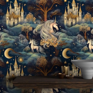 Dark Medieval Castle Wallpaper Mural, Fairytale Forest Wallpaper, Celestial Unicorn Peel and Stick Wallpaper, Mystical Botanical Mural