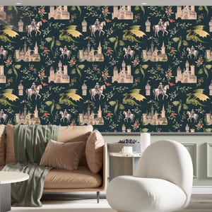 Medieval Castle Dragon Wallpaper: Fantasy Peel and Stick Wall Mural