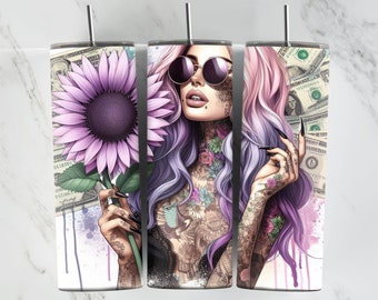 Girl With Sunflower, Purple Sunflower, 20oz Tumbler Wrap, Pastel Sunflowers, Money, Digital Download, Sublimation, Girl with Tattoos Wrap