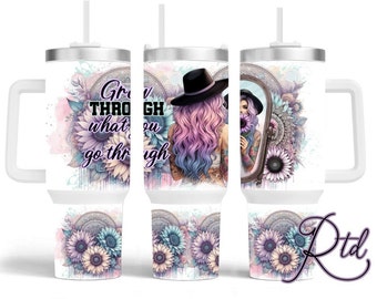 Grow Through What You Go Through, 40oz Tumbler Wrap, Pastel Sunflowers, Instant Download, Png, Girl Looking In Mirror, Quencher Designs