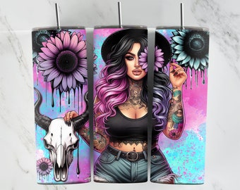 Plus Size Girl with Tattoos, 20oz Tumbler Wrap, Pastel Sunflower, Digital Download, Sublimation, Sunflowers Dripping, Tattooed Girl Wrap