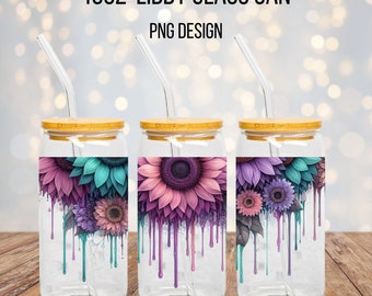 Druipende bloemen, 16oz glazen blikje PNG, Libby glazen blikje, DTF PRINT, sublimatie, positieve bevestigingen, zonnebloemen, badass ontwerpen, bloemen