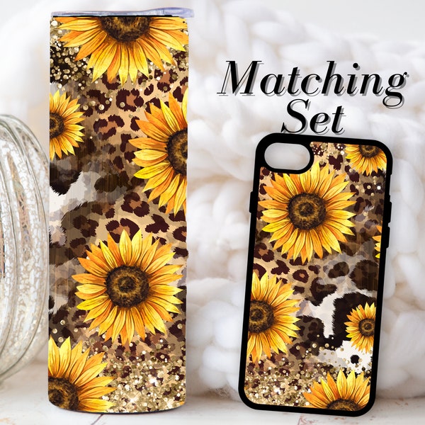 Sunflower Cheetah 20z Tumbler and iphone Case Matching sets, 11-14 iphone sizes. Sunflower iPhone Sublimation, Tumbler sublimation png