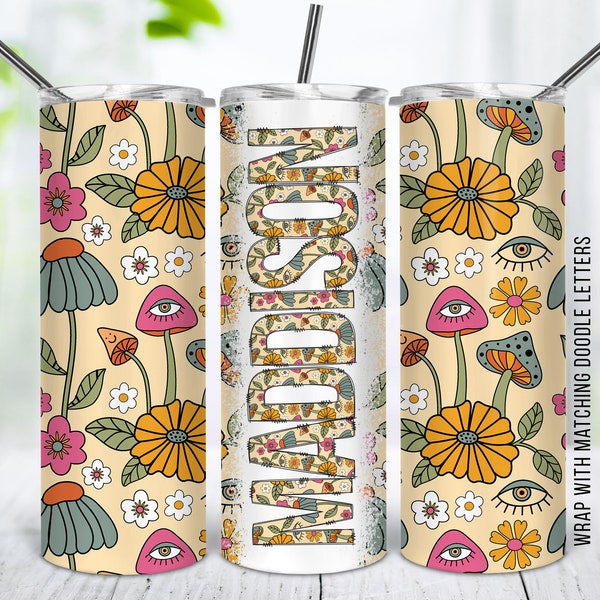 Mushroom Flower Retro 20oz Tumbler Wrap with Matching Doodle Letter, Aesthetic Alphabet PNG, Add your Own name Tumbler,184, Sublimation