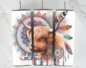 Highland Cow Free Spirit, Boho Designs, Pastel Madela Tumbler, Feathers Tumbler Wrap, Dream Catcher, Water Colors Tumbler Wrap