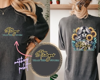 Stronger Than The Storm, T-Shirt Design, With Matching Pocket Designs, Skeleton Girl, Teal And Yellow Sunflowers T-Shirt, Girl With Tattoos