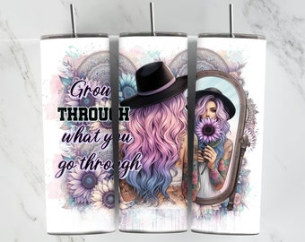 Grow Through What You Go Through, 20oz Tumbler Wrap, Pastel Sunflowers, Sunflowers, Digital Download, Sublimation, Girl with Tattoos Wrap