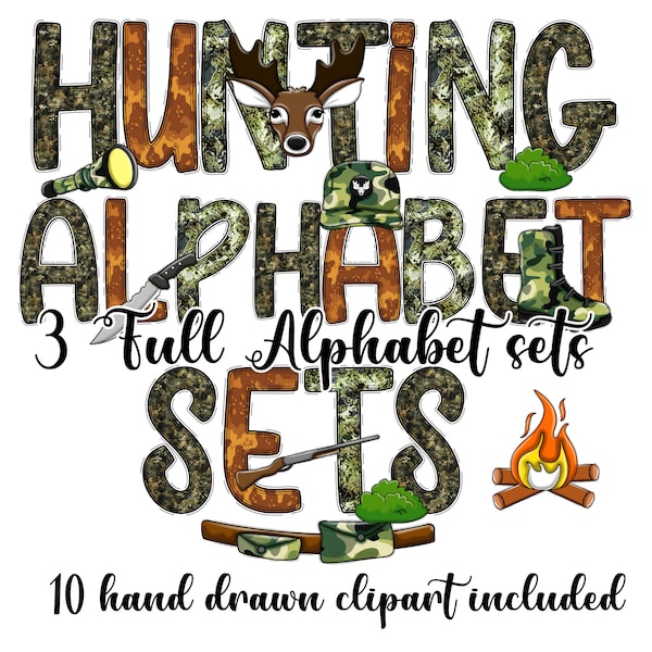 Jagd Doodle Buchstaben, 4x Alphabet-Sets, 10 individuelle Clipart, Doodle Buchstaben, Camo Doodle Buchstaben, Clip Art, Sublimation, Jagd PNG